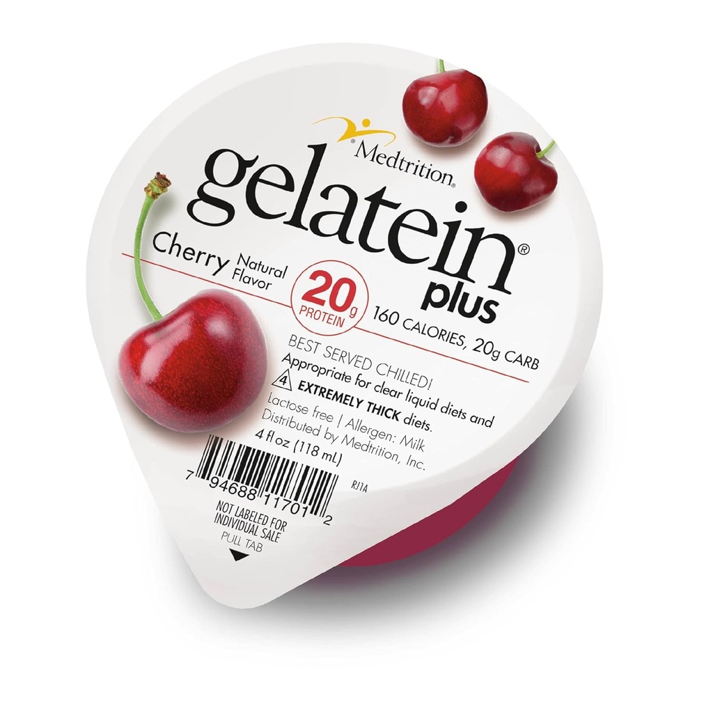 GelaTein Plus Cherry: 20 gram eiwit. Ideaal voor heldere vloeibare diëten. Geweldige pre of post-workout snack. (verpakking van 36)