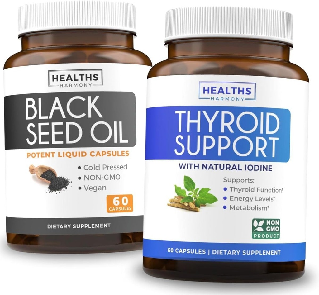 Schildklierondersteuning en zwarte zaadolie (1-maandvoorraad) Zwarte zaad schildklier Boost - Schildklier ondersteuning (60 capsules) Health Supplement & Black Seed Oil (60 capsules) Cold-pressed Nigella Sativa - Non-GMO