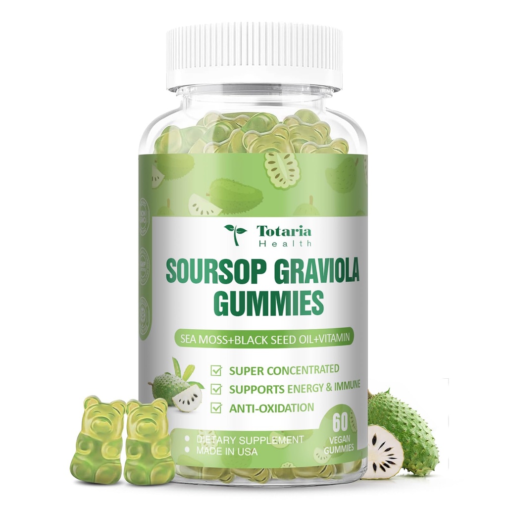 Totaria Sugar Free Sourop Oil Graviola Sea Moss Gummies - Ondersteuning Vertering van de slaaphuid Gezondheid, Immuniteit & Antioxidant - Guanabana Fruit met Zee Mos, 150mg Zwarte Zaadolie Biologische Niet-GMO Veganistisch
