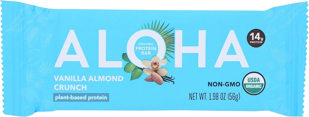 Aloha Organic Vanilla Almond Crunch Protein Bars, 14g Plant Based Protein, USDA Certified Organic, Gluten Free & Non-GMO, 1.9 Oz (Pack of 12)