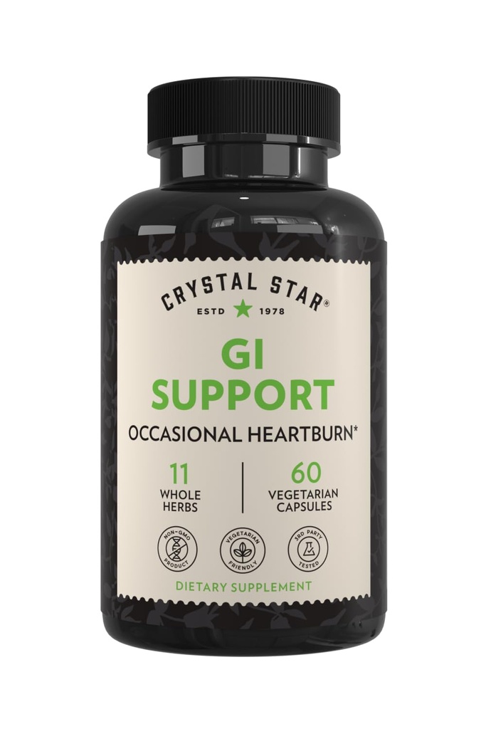 Crystal Star GI Support Supplement (60 capsules) Dat kalmeert Occasional Heartburn en Ondersteunt Acid Reflux Gember, Slippery Elm Bark & Betaine HCL