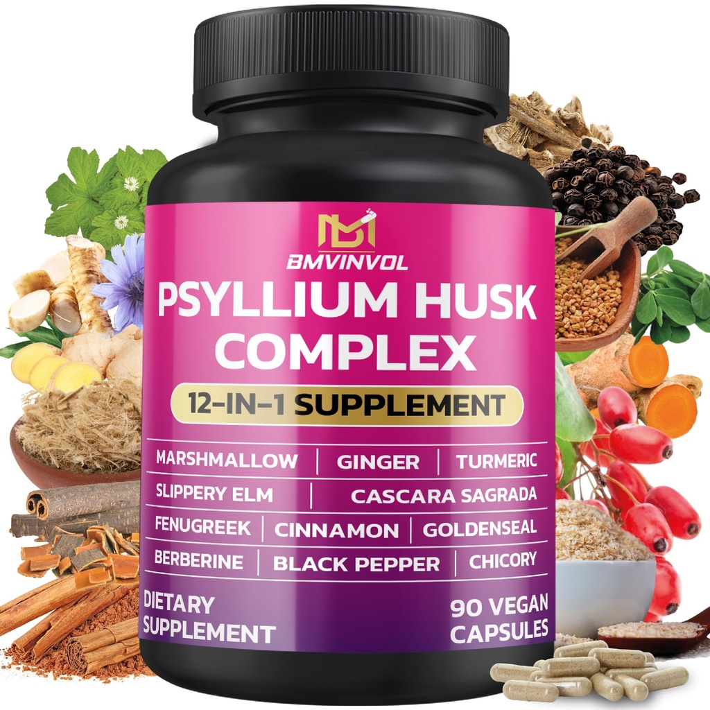 BMVINVOL Psyllium Husk, Slippery Elm, Cascara Sagrada, Fenegriek, Berberine, Kaneel, Kurkuma + 5 Mores - Immune Support & Digestief Health Supplement - 90 Capsules