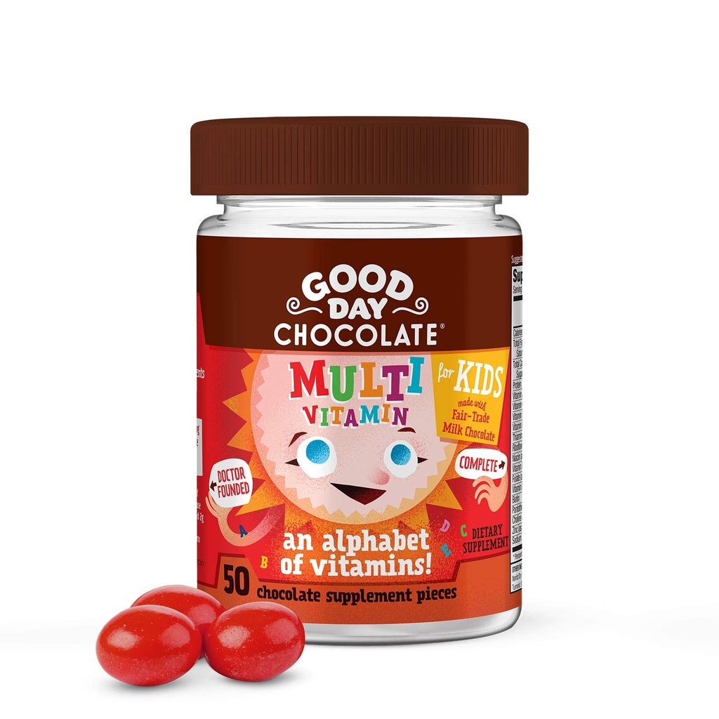 Good Day Chocolate Complete Multivitamine voor kinderen, Dagelijkse Supplement van Vitaminen A, B6, B12, C, D, E, Folaat en Biotine, Fair Trade en Non-GMO Chocolade, 50 stuks