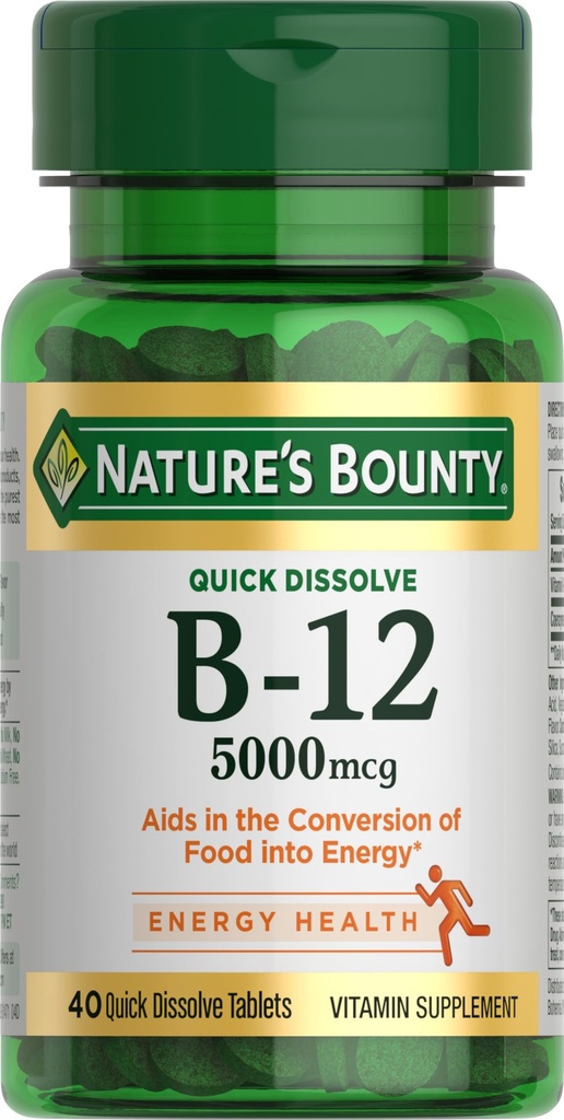 Nature's Bounty Vitamine B12, Ondersteunt het energiemetabolisme en de gezondheid van het zenuwstelsel, 5000 mcg, 40 Quick Solution Tablets