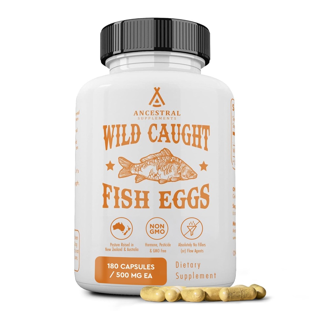 Voorouderlijke Supplementen Wild Caught Fish Eggs, 2400mg, Omega-3 Supplement ondersteunt hersenen, hart, vruchtbaarheid en ontsteking gezondheid, hele voedselbron van vitamine D, K2 en A, niet-GMO, 180 capsules