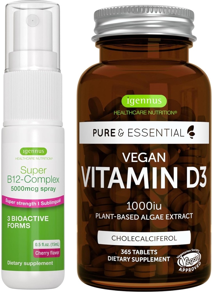 Vegan Vitamin D3 + Super B12-Complex 5000mcg Vegan Bundle, 365 1000iu Vitamine D3 Tablets + Hoge sterkte B12 Cherry Flavor Sublingual Spray, door Igennus