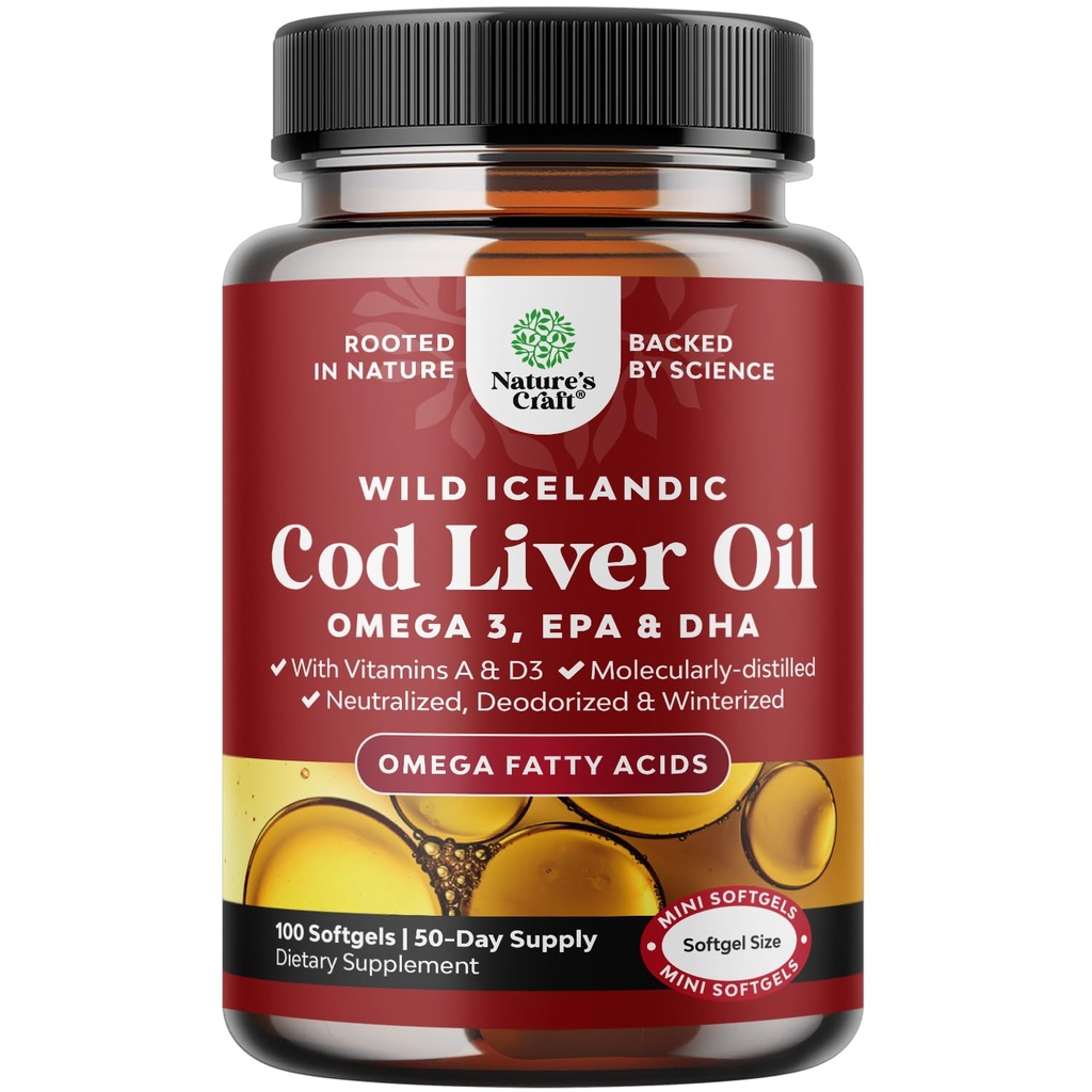IJslands Wild Caught Cod Liver Oil Softgels - Vis Omega 3, EPA, DHA, Vitamine D & A, 1000mg per portie - Burpless Capsules for Heart, Joint, Brain & Immune Support - 100 Tellen