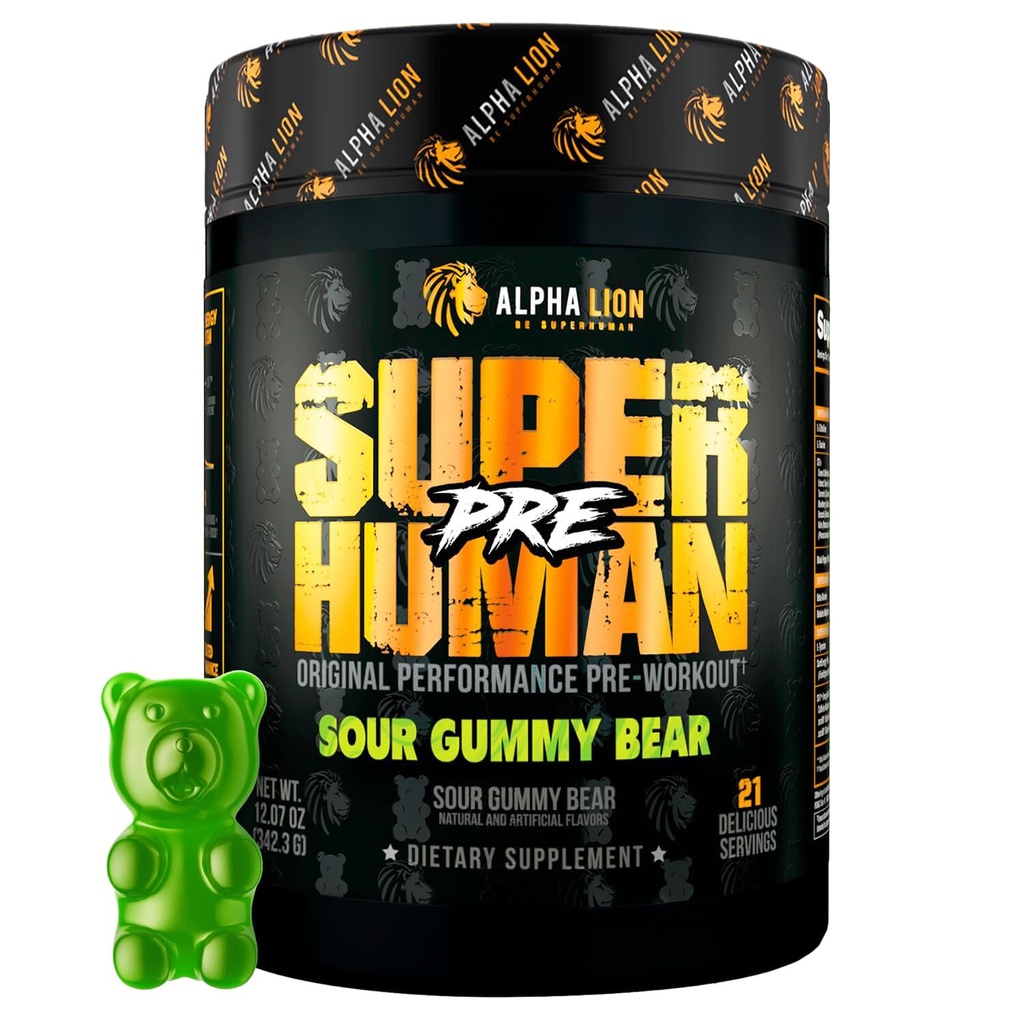 ALPHA LION Poudre pré-entraînement surhumaine, Beta Alanine, L-Taurine et caféine Tri-Source pour énergie soutenue et focus, oxyde nitrique et citrulline pour pompe (21 portions, aigre-goutte-ours)
