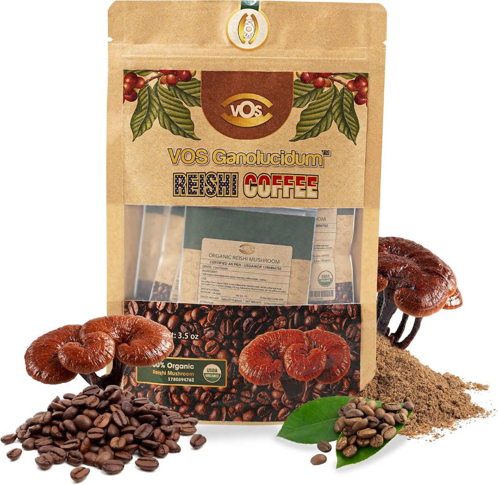 VOS GANOLUCIDUM - 100% Biologische Reishi Koffie, 2 in 1 Reishi Paddestoel met koffie, 5 Sachets, Grote Proeverij, Paddestoel Supplement, Ondersteuning voor Energie & Immuniteit Supplement (0.7 oz elk)