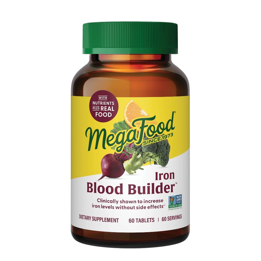 Supplément de fer Megafood Blood Builder pour les femmes et les hommes - Augmenter les niveaux de fer sans effets secondaires - Combattre la fatigue - avec la vitamine B12, acide folique et vitamine C pour l'absorption - végétalien - non aromatisé - 30 Compte (paquet de 1)