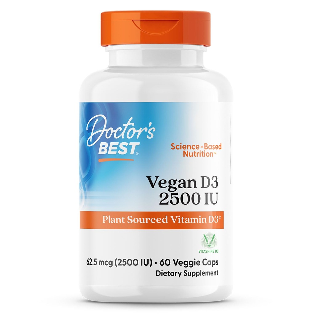 Docteurs Meilleur Vegan D3 2500 UI (Vitashine), Vitamine D d'origine végétale3, Non-OGM, Sans gluten, Sans soja, Vegan 60 capsules de légumes