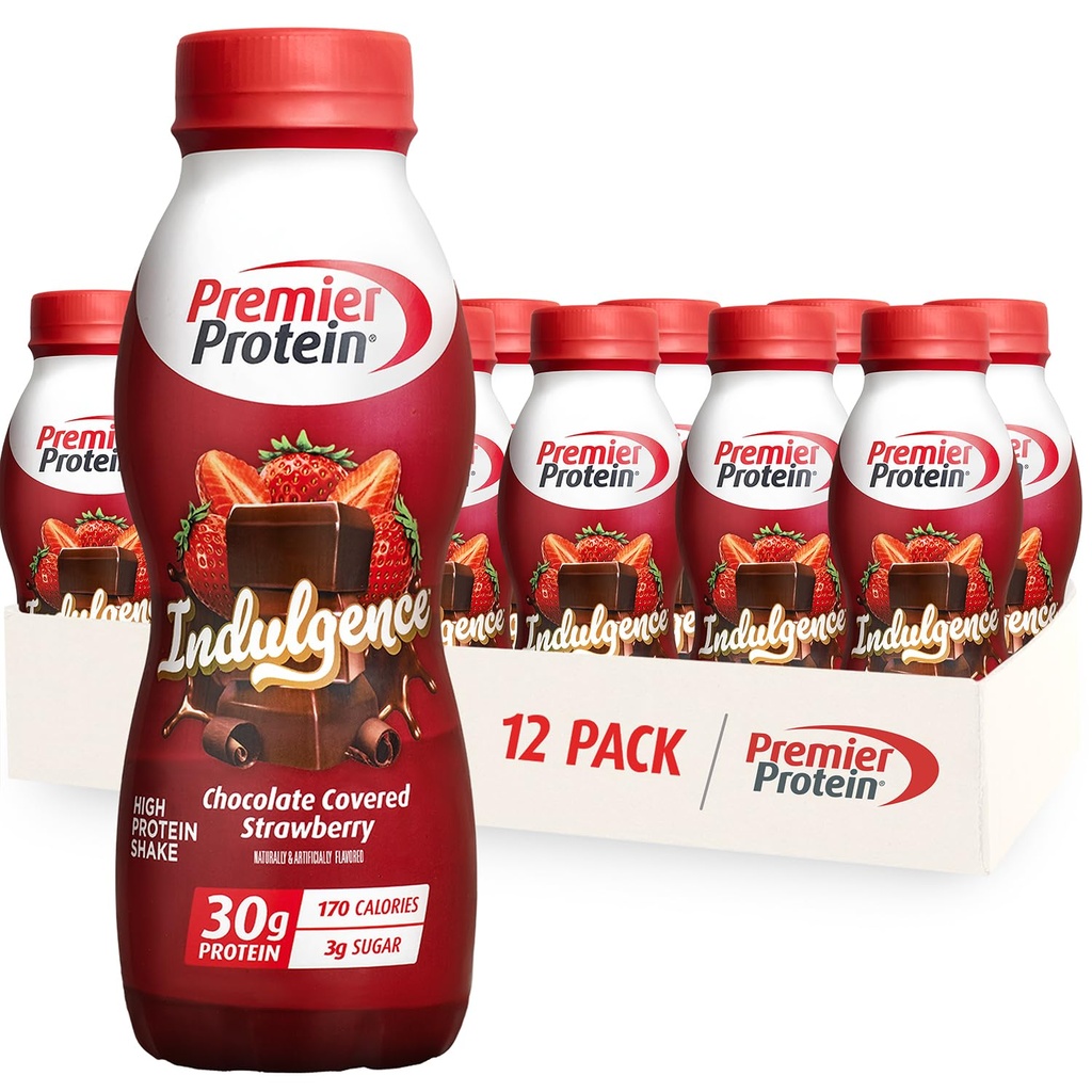 Premier Indulgence des protéines Secouer les protéines, 30g Protéines, 3g Sucre, Fraise recouverte de chocolat, 11,5 fl oz, boîte de 12