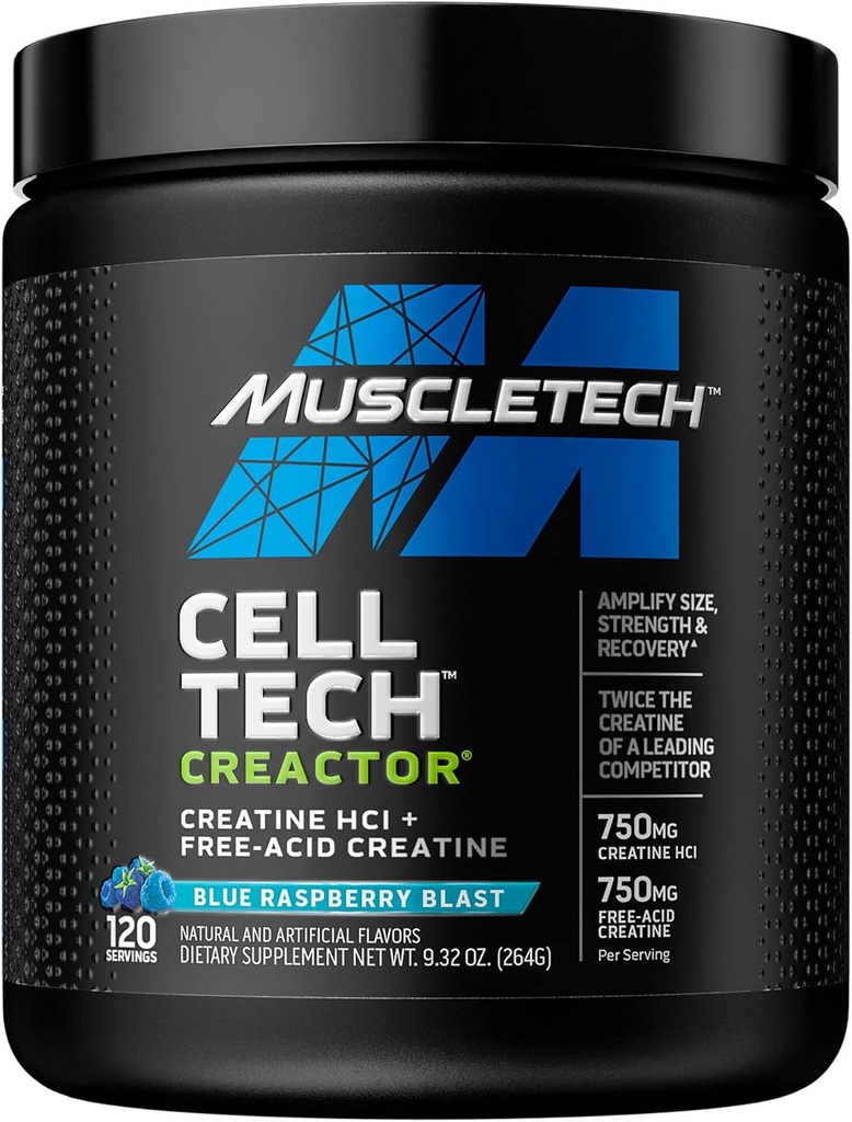 Poudre de créatine de MuscleTech Cell-Tech Creactor de Creatine Formule HCl de Creatine de Muscle pour les hommes et les femmes de Creatine HCl + Créatine libre d'acide de Creatine Suppléments de créatine de Blue Raspberry Blast, 120 portions