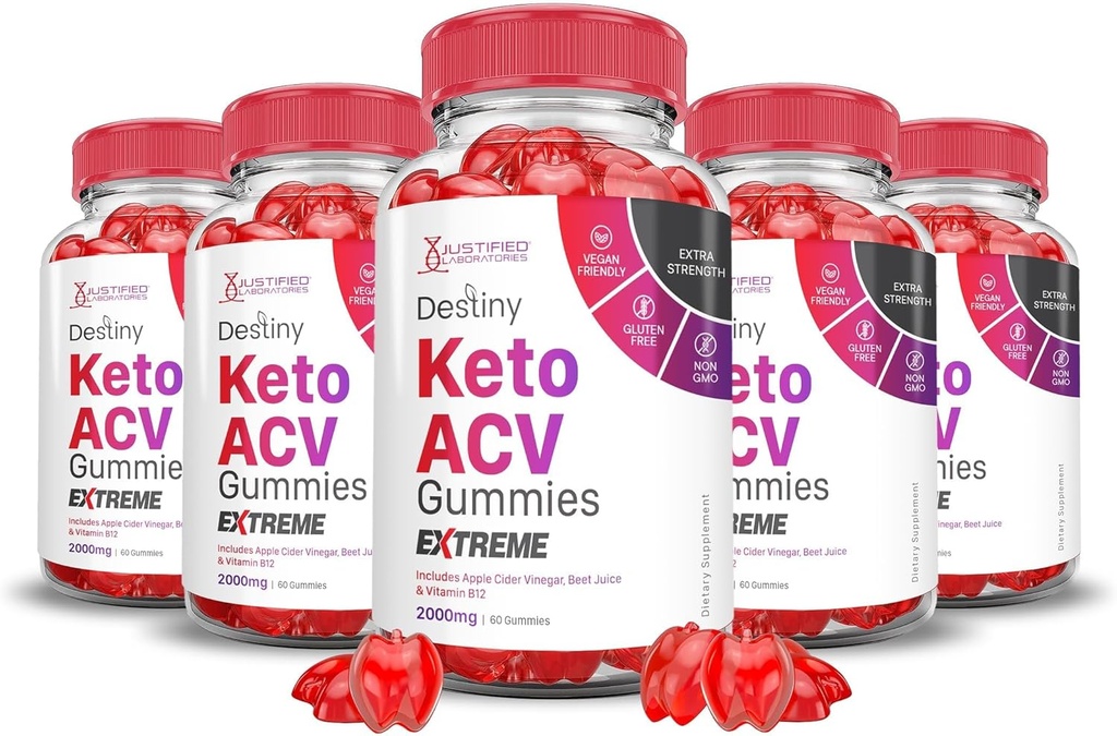 Justified Laboratories (5 Pack Destiny Keto ACV Gummies Extreme 2000MG Destiny Keto Gummies Advanced Formula Apple Cider Vinegar met Granaatappel Beet Juice Powder B12 Vegan Non GMO 300 Gummys