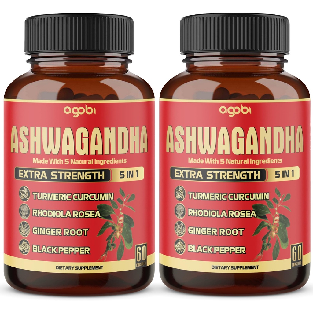 2 Packs - 60 Capsules Ashwagandha Capsules - High Concentrated - 5in1 Formula Ashwagandha, Turmeric, Rhodiola Rosea, Ginger, Black Pepper - 4 maand levering