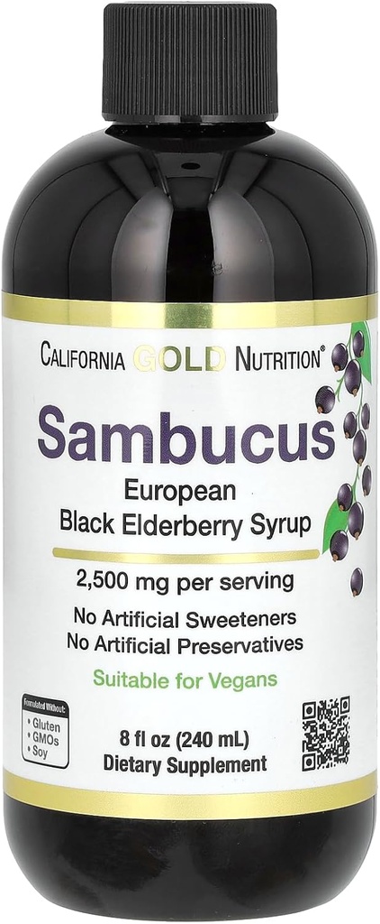 California Gold Nutrition Vlierbes Siroop, Zwarte Vlierbes (Sambucus nigra) Juice Concentrate, Seizoensgebonden Immune Support, Geen kunstmatige conserveringsmiddelen of zoetstoffen, 2500 mg, 8 fl oz (240 ml)