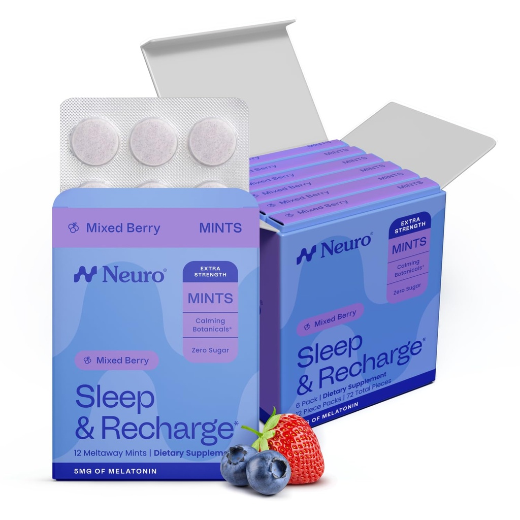 Neuro Melatonine 5mg Slaap & Oplaadmunten (72 stuks) - Snel oplossen Melatonine Suiker Gratis muntjes met citroenbalsem & kamille voor betere slaap - Kalm slaapsupplement voor volwassenen - Nachtbessen smaak