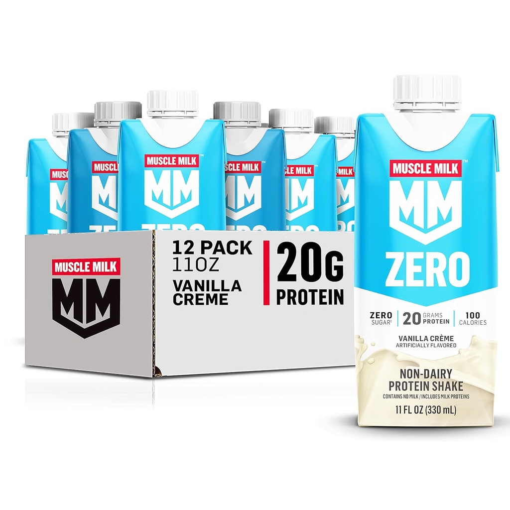 Lait musclé Zéro Protein Shake, Vanilla Crème, 11 Fl Oz Carton, 12 Pack, 20g Protéines, Zéro Sucre, 100 Calories, Calcium, Vitamines A, C & D, 4g Fibre, Seringue énergisante, Emballage May Vary,12 Compte (Paquet de 1)