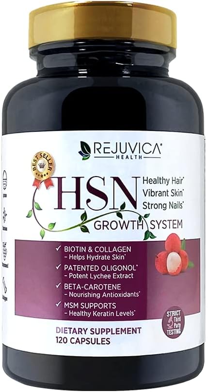 Vitamines de peau et ongles de cheveux - Système HSN - Supports Cheveux, peau et ongles sains - Remède encapsulé avancé - Formulé avec Oligonol, Biotine, Collagène, MSM, Hyaluronique Acide et plus