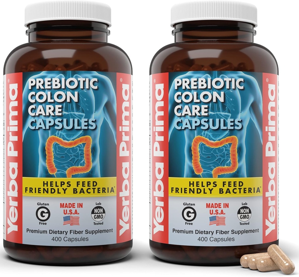 Yerba Prima Prebiotic Colon Care Capsules, 400 Caps (verpakking van 2) - Vijf vormen van Dieetvezel Supplement - Gezonde Oplosbare & Onoplosbaar Vezels voor Regularity & Digestieve Ondersteuning