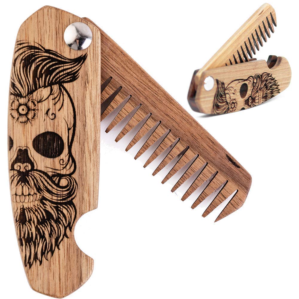 Geniet van de Houten Baard Comb voor mannen, Vouwbare Zak Baard Accessoires voor mannen, Gegraveerde Walnut Houten Comb voor Moustache, Baard & Hair Voor Hem (Half Skull)