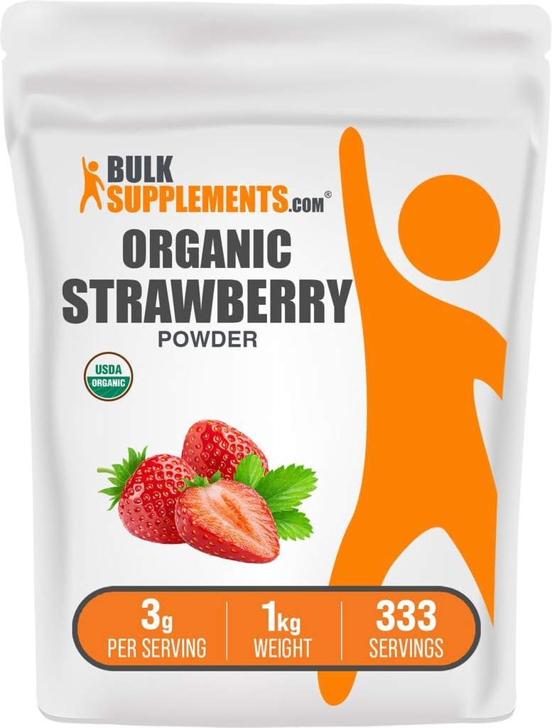 BulkSupplements.com Biologische Aardbeipoeder - Fruitpoeder van biologische Aardbeien - Geen suiker Toegevoegd & Glutenvrij, 3g per portie, 1kg (verpakking van 1)