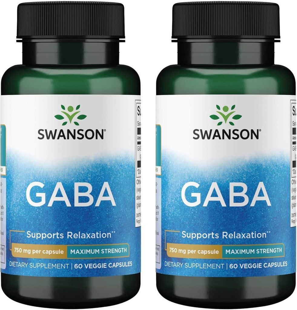 Swanson Aminozuur Maximale sterkte GABA 750 Milligrammen 60 Veg Capsules (2 verpakkingen)