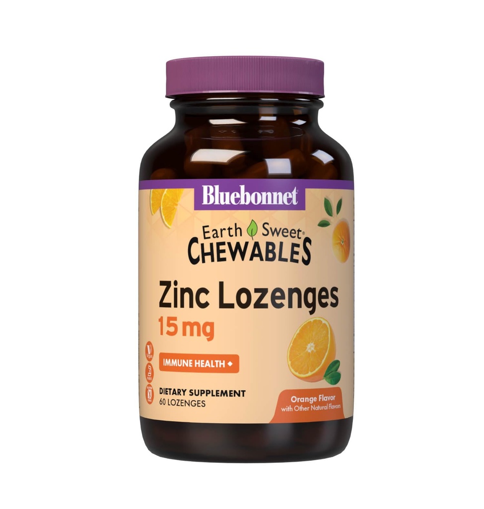 Bluebonnet Voeding Earthsweet Zink Lozenges 15mg Kauwtabletten, Plus 100mg vitamine C, Sojavrij, Glutenvrij, Kosjer Gecertificeerd, Dairy-Free, Vegan, Orange Flavored, 60 Lozen