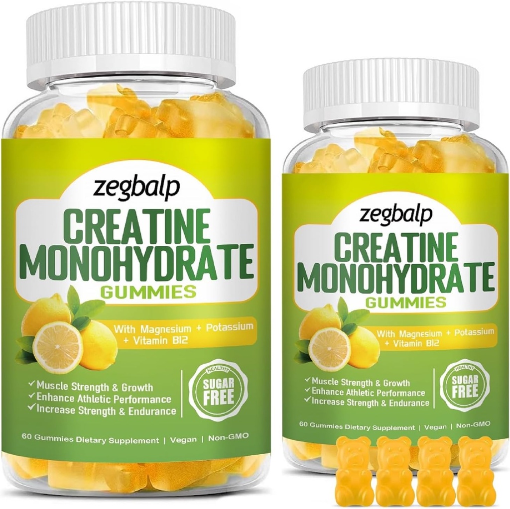 Suikervrij Creatine Monohydraat Supplement Gummy's voor mannen & vrouwen Creatine Monohydraat met Magnesium & vitamine B12 Voor spierkracht & groei, Energie Boost, Pre-workout Supplementm, 120 Tellingen