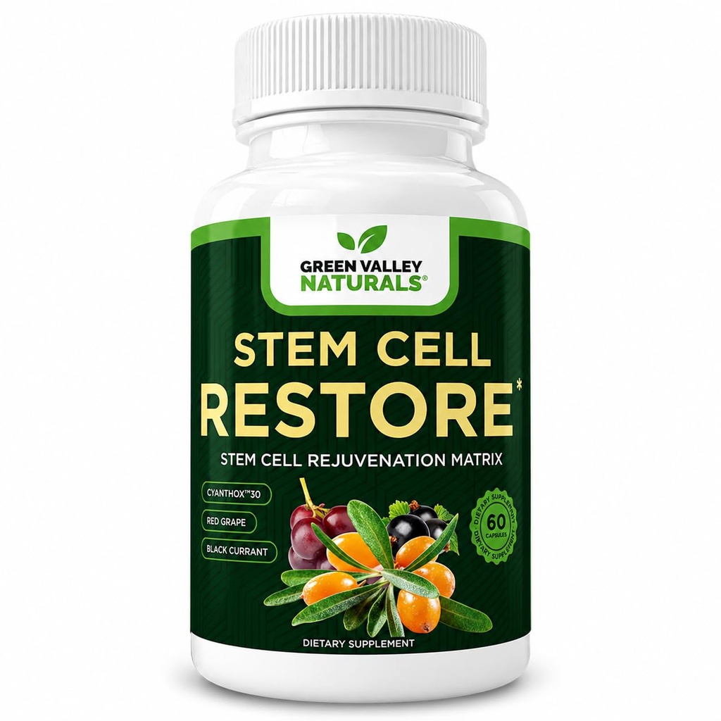 VALLEY NATURALS Stem Cell Supplement - Bio Tibétain Sea Buckthorn-Resveratrol, Vitamine D, Extrait de Chapeau Bishop (1 bouteille, 60 comte)
