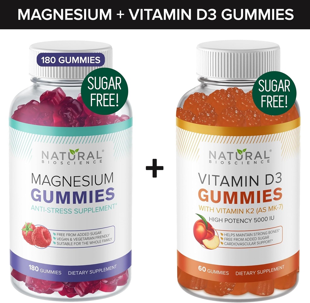 Suikervrije Magnesium Gummies (180 Gummies) & Suikervrije Vitamine D Gummies (60 Gummies) 