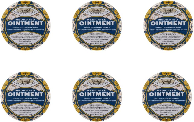Rawleigh Gemedicineerde Zalf: 4,5 oz Blauw Tin, Topische borst Rub voor koude, neuscongestie, lichte pijn en pijn, met kamfer, Menthol & Eucalyptus, niet-graasachtige formule - Pack van 6