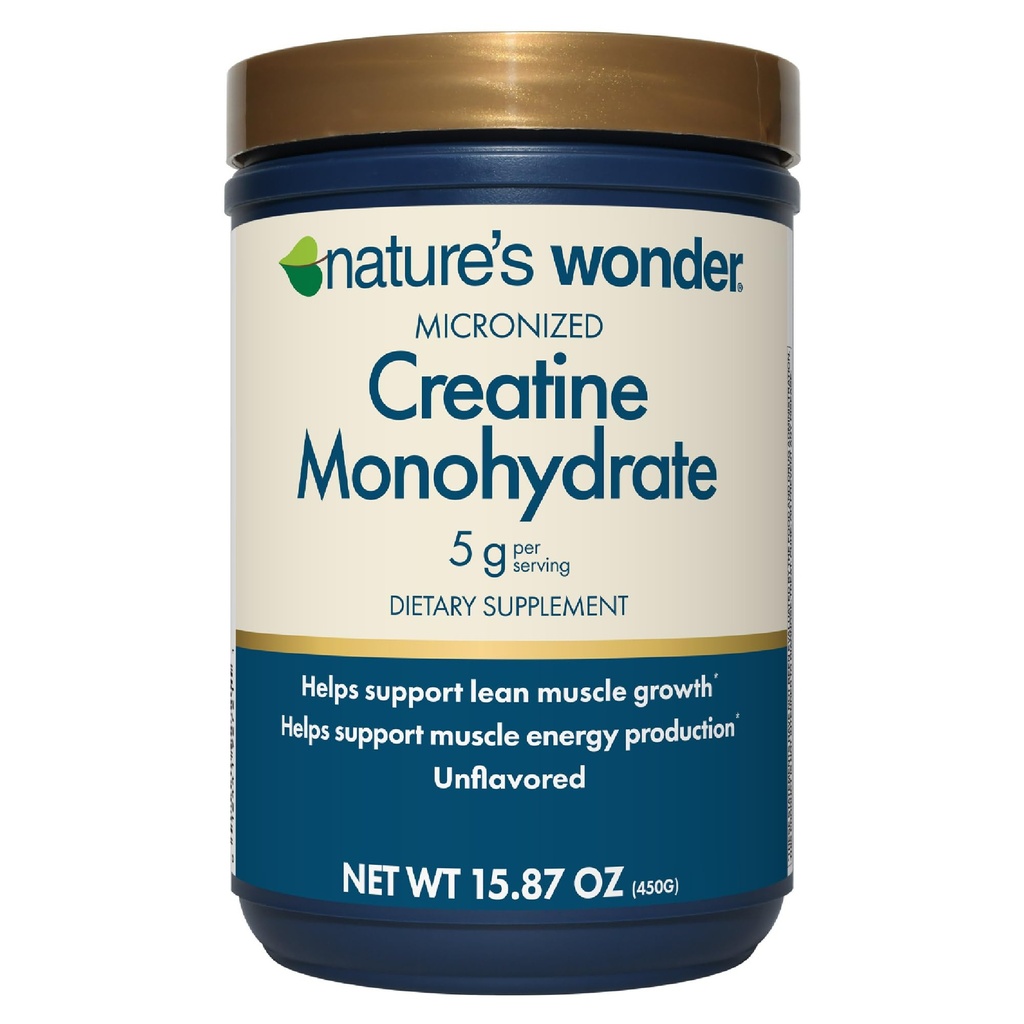 Nature's Wonder Micronized Creatine Monohydraat Powder 5g, Muscle Health, Muscle Energy Production, No Lactose, 5g Micronized creatine Powder per Serving, 450G, 90 Servings