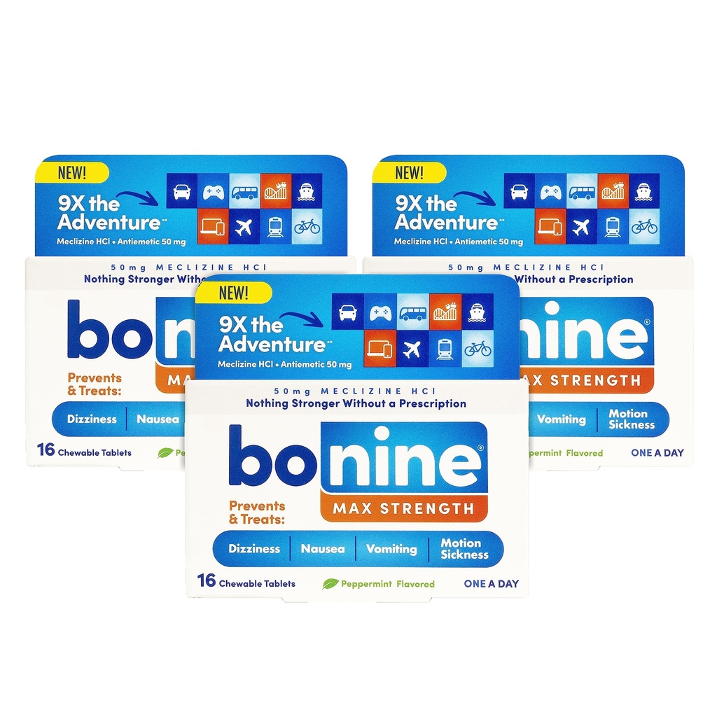 Bonine MAX Kauwbaar voor Motion Sickness Relief - met Meclizine HCL 50mg - Max Sterkte Formule voor de behandeling van misselijkheid of bewegingsziekte - Cruise Essentials - Peppermint - 16 Kauwtabletten, 3 Pack