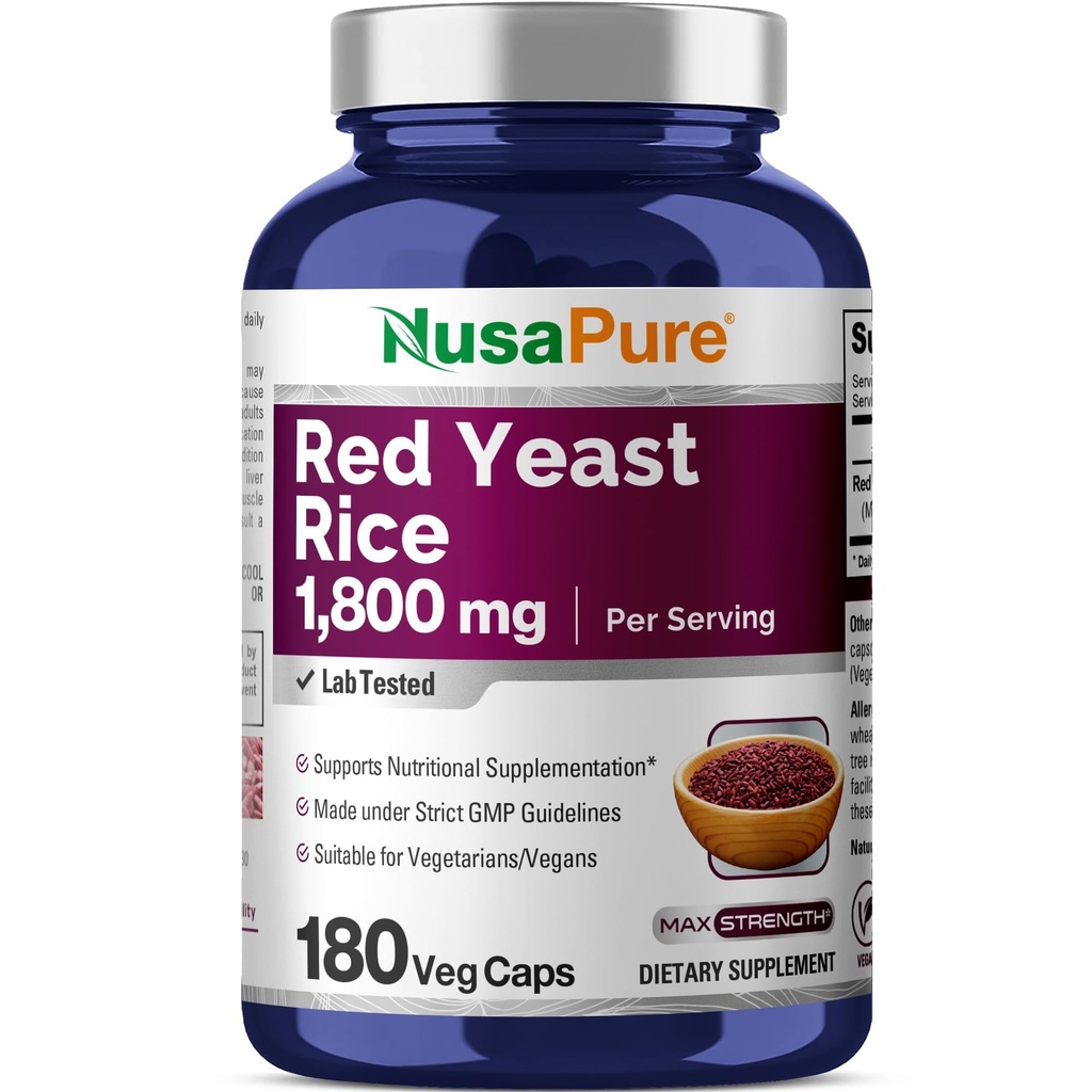 NusaPure Riz de levure rouge 1800mg 180 Capsules de légumes (non OGM, végétalien)