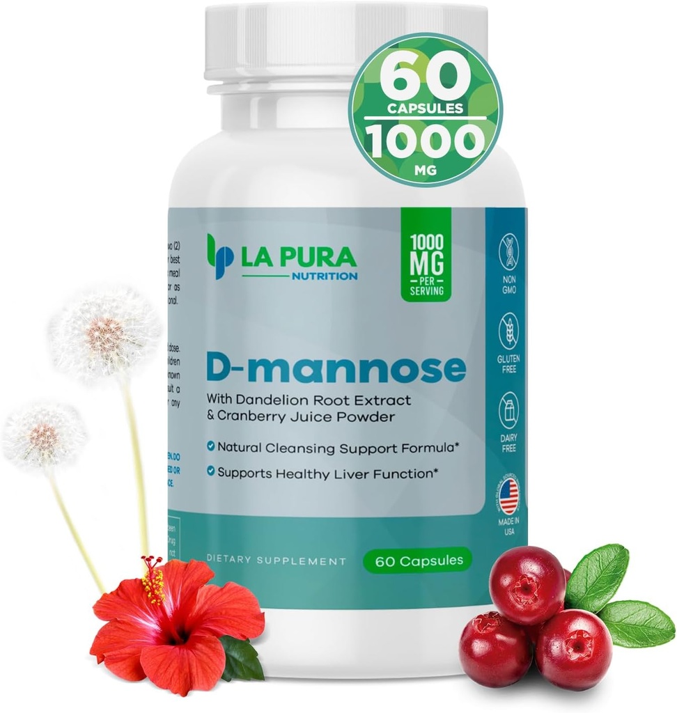 LaPura D-mannose 1000 mg supplement met Cranberry Juice Powder, Hibiscus Flower & Dandelion Herb Extract, 60 capsules - Natuurlijke reiniging ondersteuning, gezonde lever, blaas, urinetrek functie