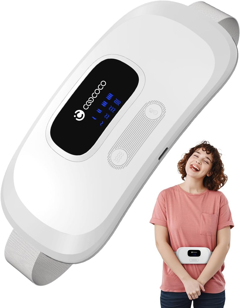Plaquette chauffante portable CooCoCo pour les crampes d'époque, ceinture sans fil pour les crampes menstruelles, plaquette de chaleur rapide avec 4 niveaux de chaleur et 4 modes de vibration, Cadeaux pour les femmes fille, blanc