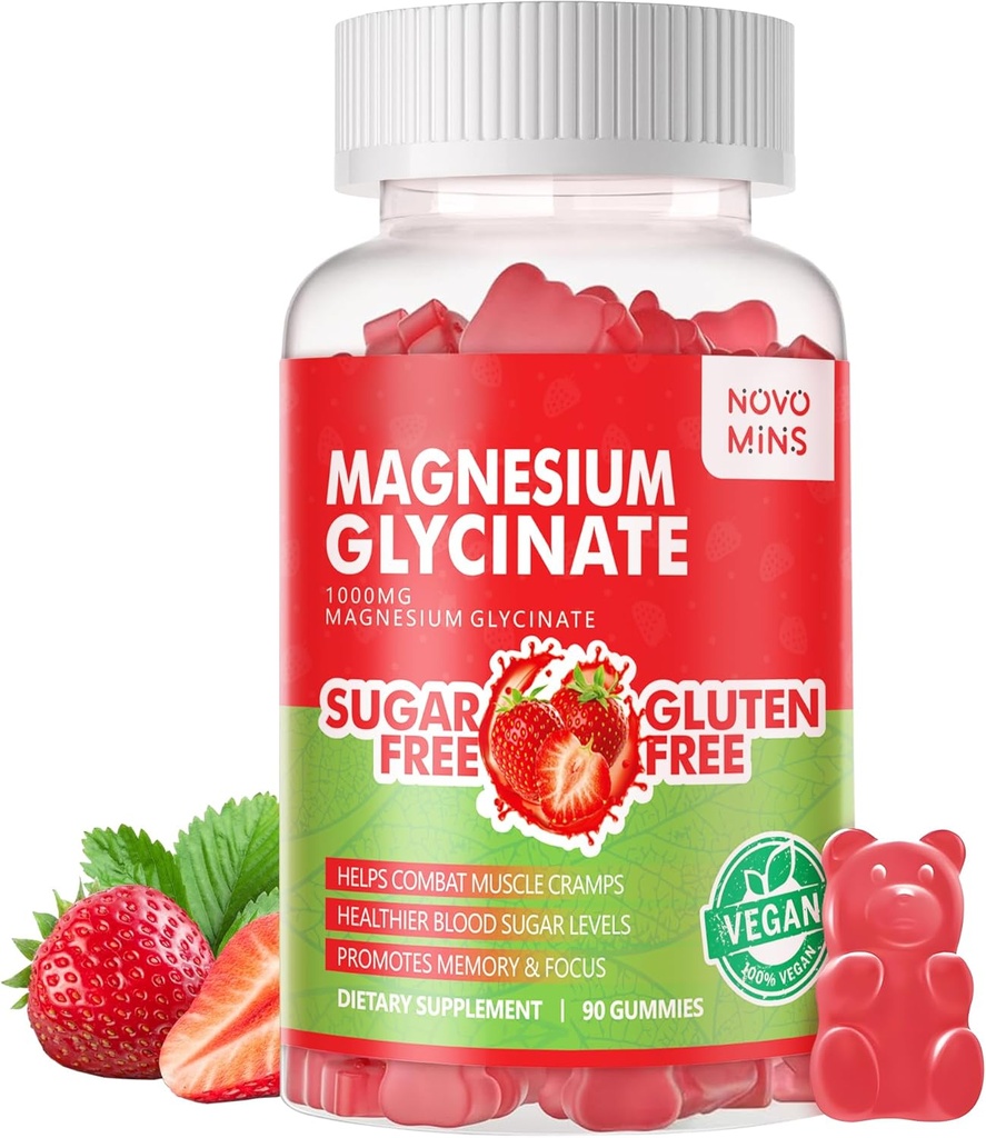 90 CT Magnesium Glycinate Gummies - Suikervrij Magnesium Kalium Supplement met Vitamine D, B6, CoQ10 voor Kalm Mood & Slaap Ondersteuning - 90 Aardbei Gummies