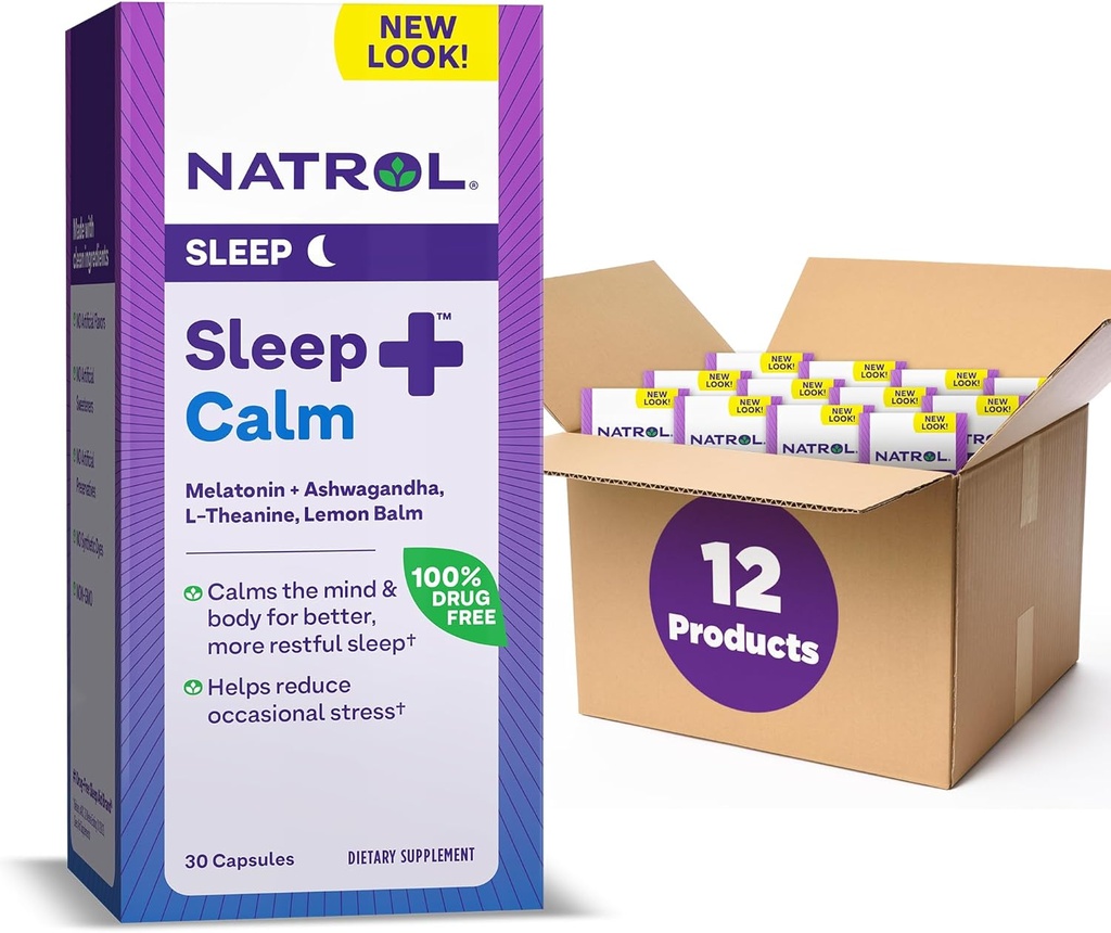 Natrol Sleep+ Calm Melatonine 6mg Met Ashwagandha, L-Theanine en citroenbalsem, Dieetsupplement voor rustgevende slaap en kalmeren de geest, 30 capsules, 30 dagen levering (pakket van 12)