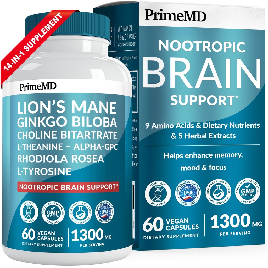 14-in-1 Lions Mane Supplement Capsules - Nootrope Brain Supplement met Ginkgo Biloba voor Hersenondersteuning, Geheugen en Focus - Alpha GPC, L Theanine & Choline Supplementen met 1300mg Per Serving (60 ct)