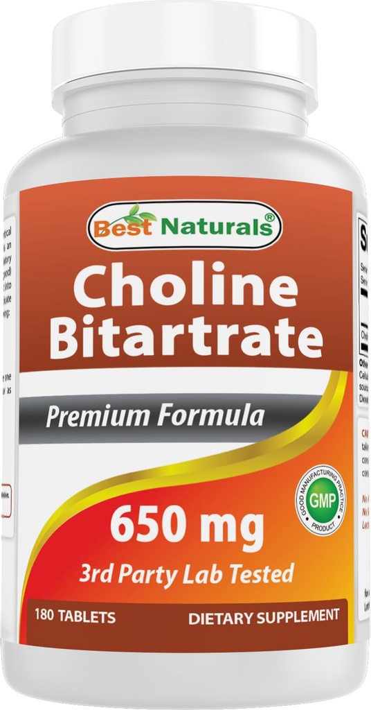 Best Naturals Choline Bitrate 650 mg (Non-GMO) voor gezonde cognitieve hersenfunctie 180 tabletten