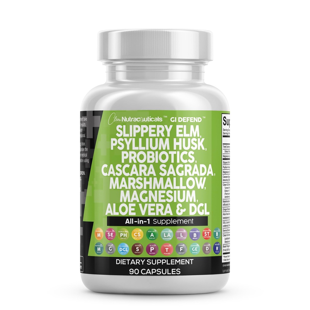 Nettoyer les nutraceutiques Slippery Elm Psyllium Husk Pré Probiotique Gut digestif Supplément santé avec Aloe Vera Cascara Sagrada Marshmallow Racine DGL Extrait de Senna de réglisse