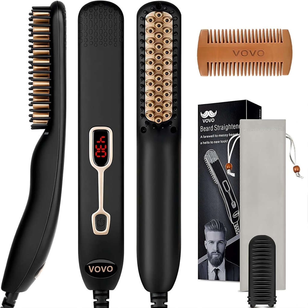 VOVO Baard Straightener Comb Upgrade Professional 2 in 1 Mannenbaard Straightening Verwarmd Haar Straightening Borstel Draagbaar Anti-Burn 6 Temperatuur Verstelbaar met LED Display voor thuis en reizen