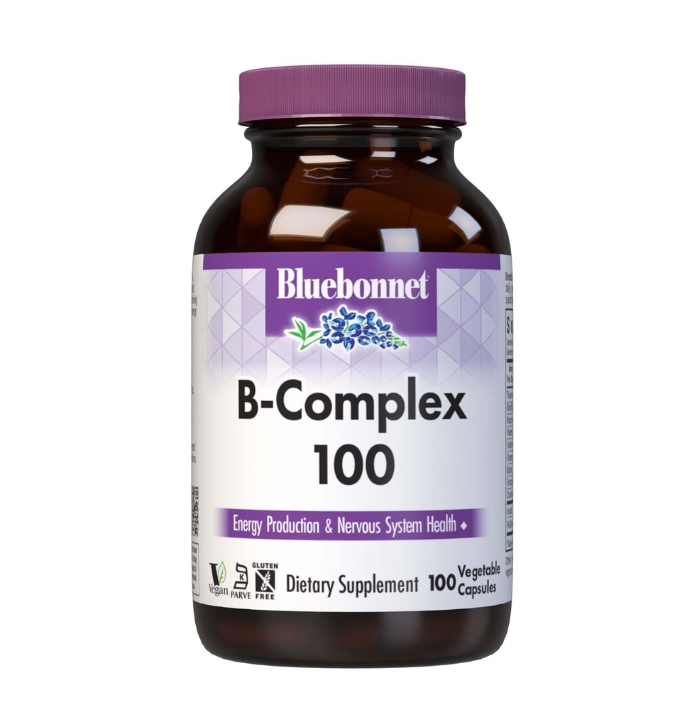Complexe Bluebonnet Nutrition B, spectre complet complet, vitamine B6, B12, biotine, folate, végétalien, végétarien, gluten, sans soja et sans lait, casher, 100 comte