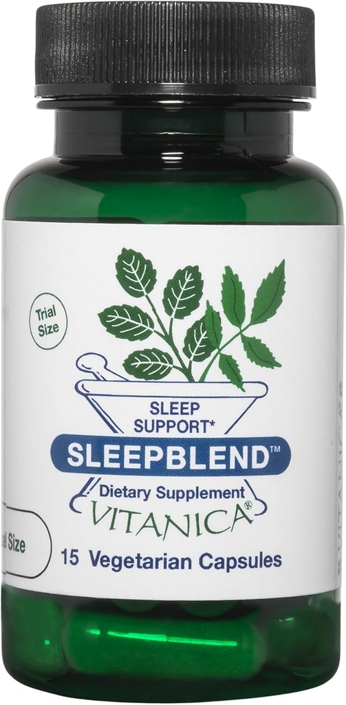 Vitanica SleepBlend - Ondersteuning voor slaap en ontspanning voor vrouwen - Kruidensupplementen met Melatonine, Valeriaanwortel, Vitamine B2 & B12 & Magnesium - Pro Logo - 15 Vegan Caps