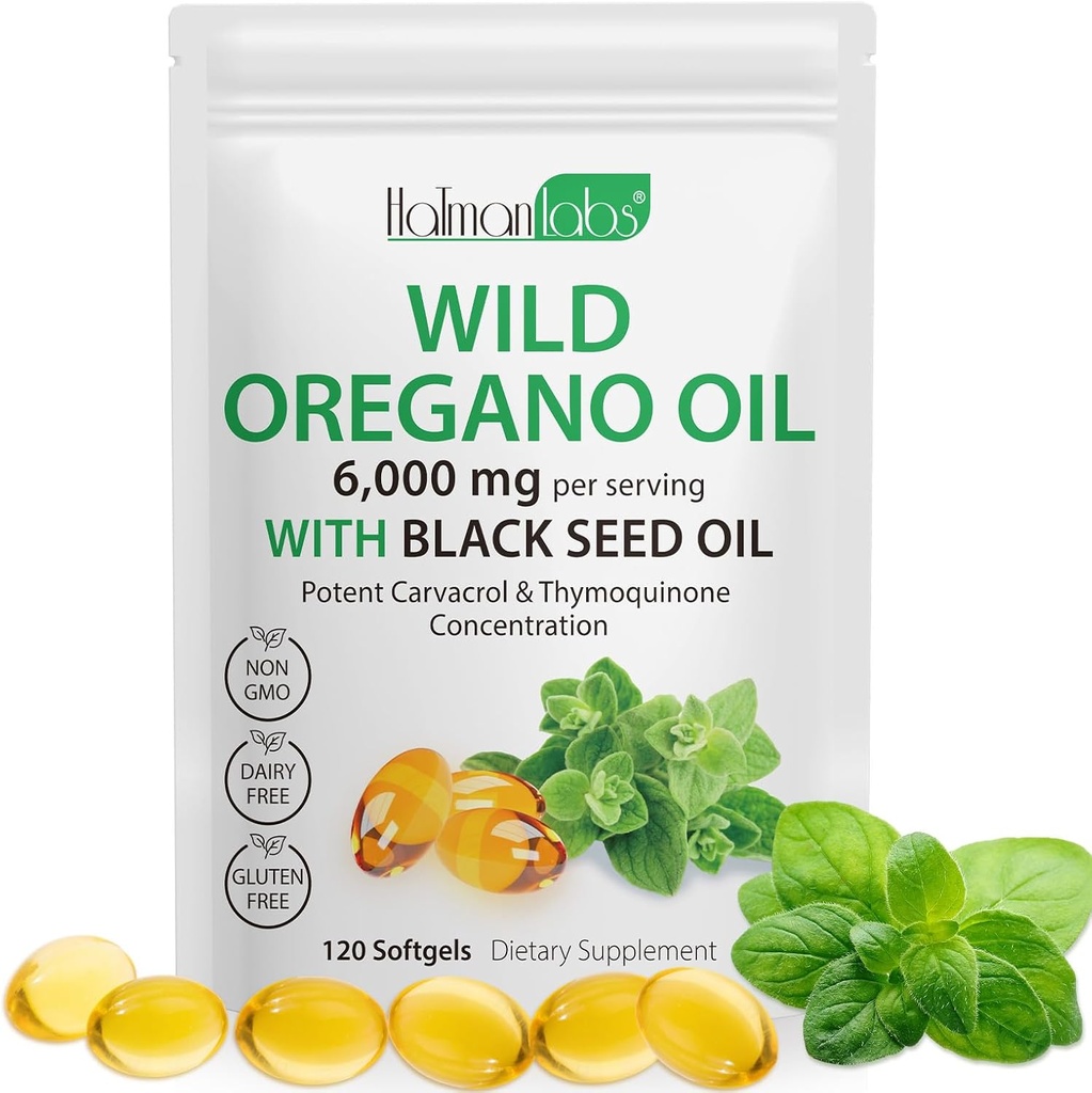 Oregano Oil Capsules,2 in 1 6000mg Olie van Oregano met Zwarte Zaadolie, Wilde Oregano Oil Immune en Antioxidant Ondersteuning,Non-GMO,Gluten Free,120 Softgels (1 Bag)