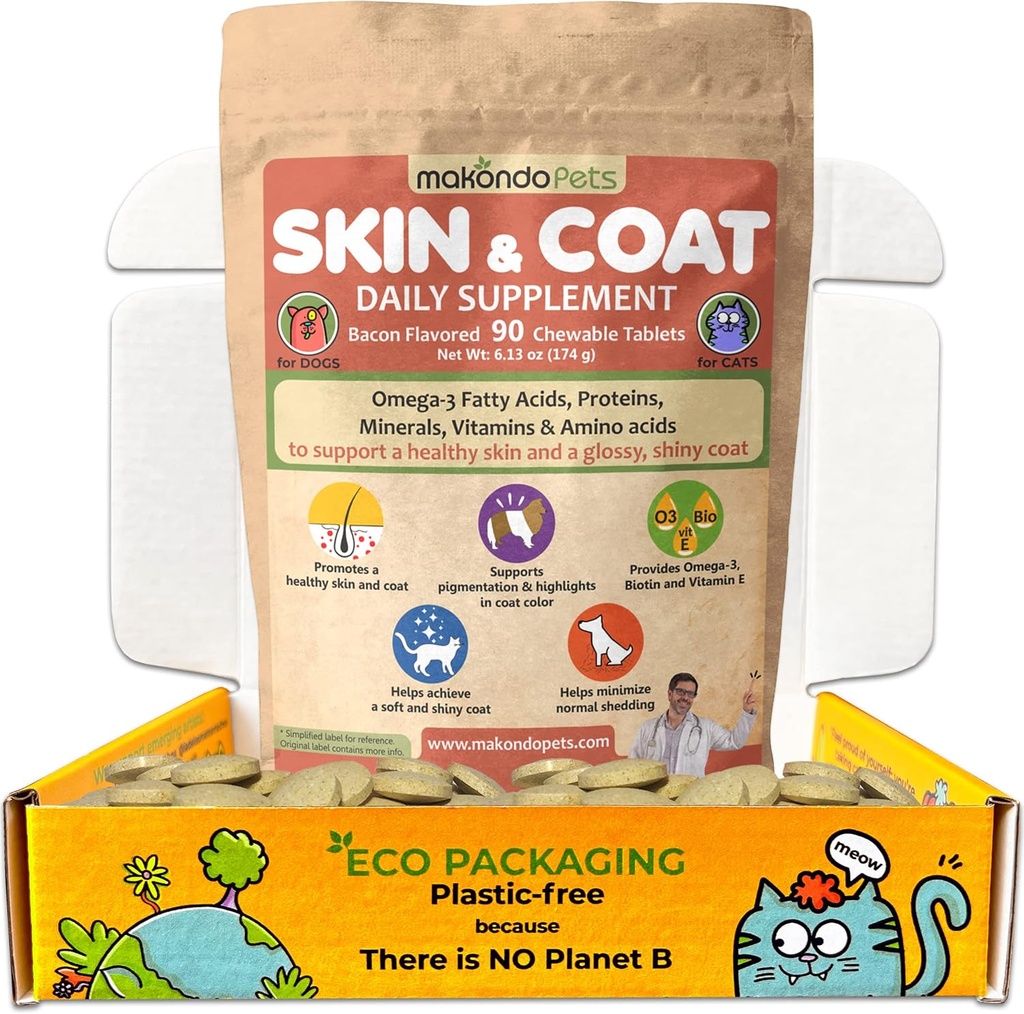 Skin and Coat Supplement with Fish Oil and Omega 3 for Dogs and Cats - Honden Itch Relief Pet Supplement for Shedding, Dry Itchy Skin and Allergies - Honden Allergie Treatment Vitaminen (90 Tabs)