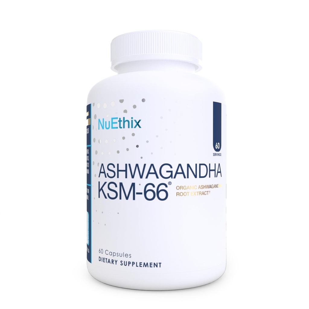 NuEthix Formuleringen Ashwagandha KSM 66, 500mg KSM-66 Root Extract, Mood, Stress, & Cognitive Support, BioPerine Black Pepper Extract, Glutenvrij, Vegetarisch, Niet-GMO, & Dairy Free, 60 Servers