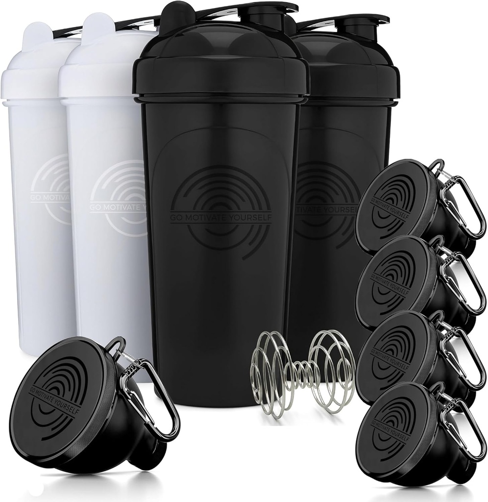 GOMOYO Fitness Bundle - Bouteilles de Shaker à 4 paquets avec agitateur + entonnoirs protéiniques à 5 paquets avec carabiner, sans BPA et lave-vaisselle en toute sécurité