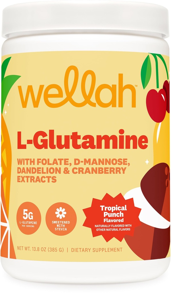 Wellah L-Glutamine Poeder Tropische Punch (50 porties) - 5g L-Glutamine Per portie, gezoet met Stevia